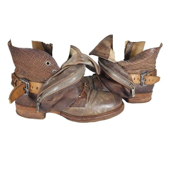 A.S.98 Women's Scully 40 US9-9,5 Brown Distressed Leather Flap Biker Boots - Picture 9 of 12